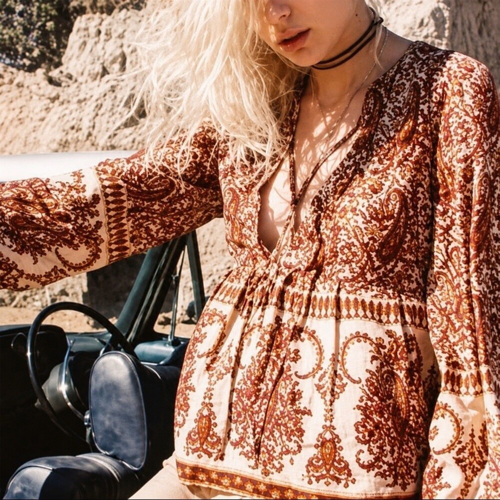 Arnhem Boho Paisley Tie Front Blouse Euro Summer Feminine Rust Cream AU 10 US S
